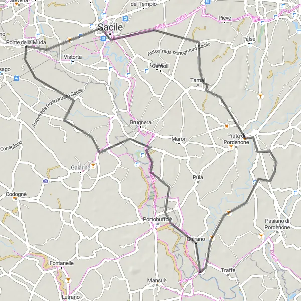 Miniatura della mappa di ispirazione al ciclismo "Esplorazione di Sacile e Brugnera in bicicletta" nella regione di Veneto, Italy. Generata da Tarmacs.app, pianificatore di rotte ciclistiche