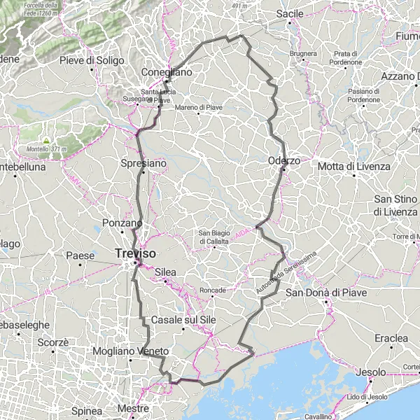 Mapa miniatúra "Okruhová cesta Zenson di Piave - Spresiano" cyklistická inšpirácia v Veneto, Italy. Vygenerované cyklistickým plánovačom trás Tarmacs.app