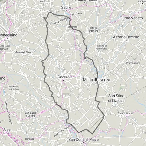 Zemljevid v pomanjšavi "Dolga kolesarska pot do Codognè" kolesarske inspiracije v Veneto, Italy. Generirano z načrtovalcem kolesarskih poti Tarmacs.app