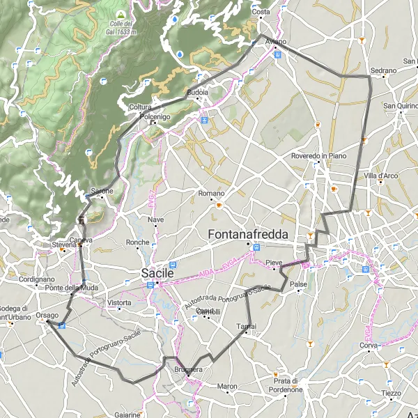 Karttaminiaatyyri "Tieajo Porciasta Brugneraan" pyöräilyinspiraatiosta alueella Veneto, Italy. Luotu Tarmacs.app pyöräilyreittisuunnittelijalla