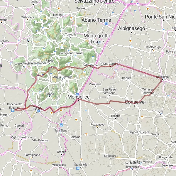 Zemljevid v pomanjšavi "Odkrivanje skritih kotičkov Euganskega gričevja" kolesarske inspiracije v Veneto, Italy. Generirano z načrtovalcem kolesarskih poti Tarmacs.app