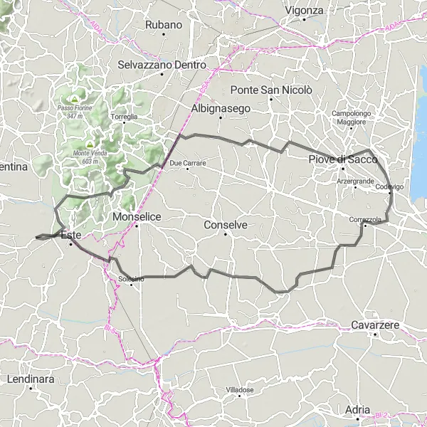 Zemljevid v pomanjšavi "Kolesarska tura s pogledom na Monte Cero" kolesarske inspiracije v Veneto, Italy. Generirano z načrtovalcem kolesarskih poti Tarmacs.app