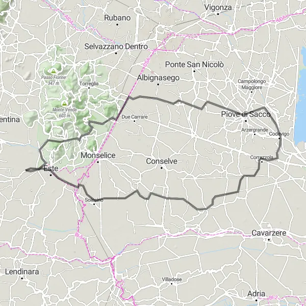 Karttaminiaatyyri "Haastava kierros Monte Cerosta Esteen" pyöräilyinspiraatiosta alueella Veneto, Italy. Luotu Tarmacs.app pyöräilyreittisuunnittelijalla