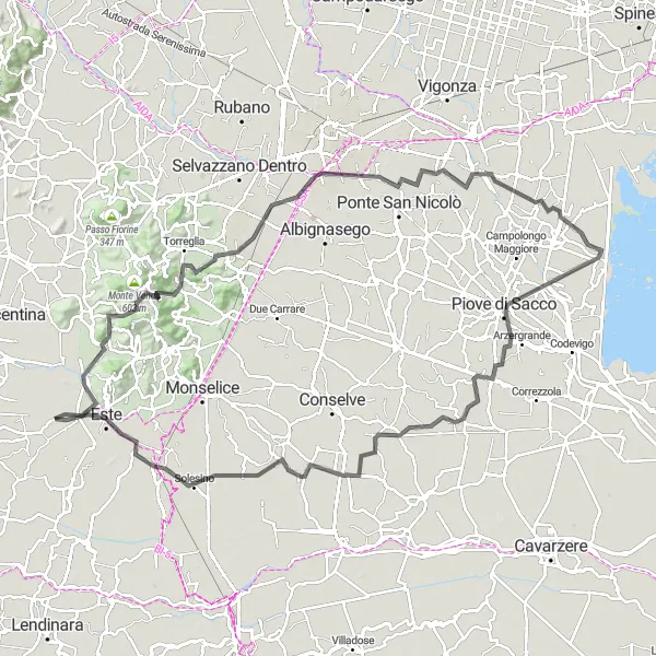 Map miniature of "Challenging Ride to Villa Giusti" cycling inspiration in Veneto, Italy. Generated by Tarmacs.app cycling route planner