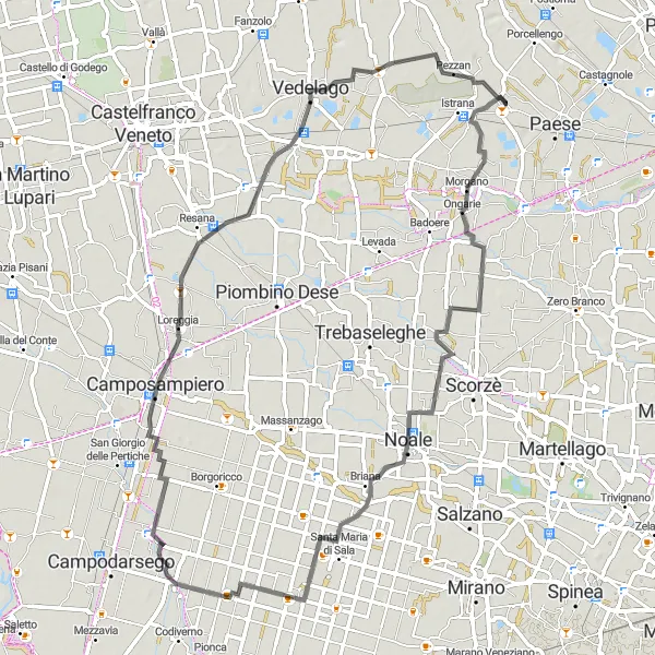 Miniaturní mapa "Cyklistická trasa kolem Padernella - Istrana" inspirace pro cyklisty v oblasti Veneto, Italy. Vytvořeno pomocí plánovače tras Tarmacs.app