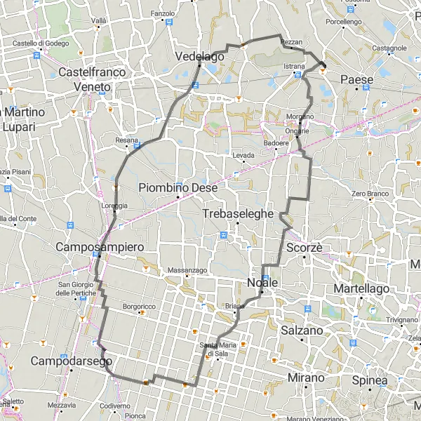 Miniatura della mappa di ispirazione al ciclismo "Tour in bicicletta tra Istrana e Fossalunga di Vedelago" nella regione di Veneto, Italy. Generata da Tarmacs.app, pianificatore di rotte ciclistiche