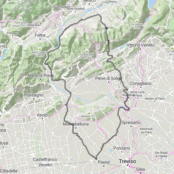 Miniatura della mappa di ispirazione al ciclismo "Giro in bicicletta verso Caerano di San Marco e Monte Castelìr" nella regione di Veneto, Italy. Generata da Tarmacs.app, pianificatore di rotte ciclistiche