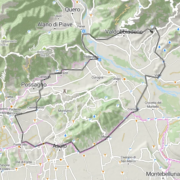 Zemljevid v pomanjšavi "Raznolika cestna kolesarska tura v bližini Paderna" kolesarske inspiracije v Veneto, Italy. Generirano z načrtovalcem kolesarskih poti Tarmacs.app
