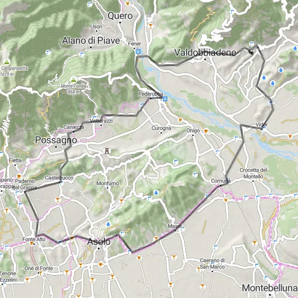 Map miniature of "Paderno del Grappa Loop" cycling inspiration in Veneto, Italy. Generated by Tarmacs.app cycling route planner