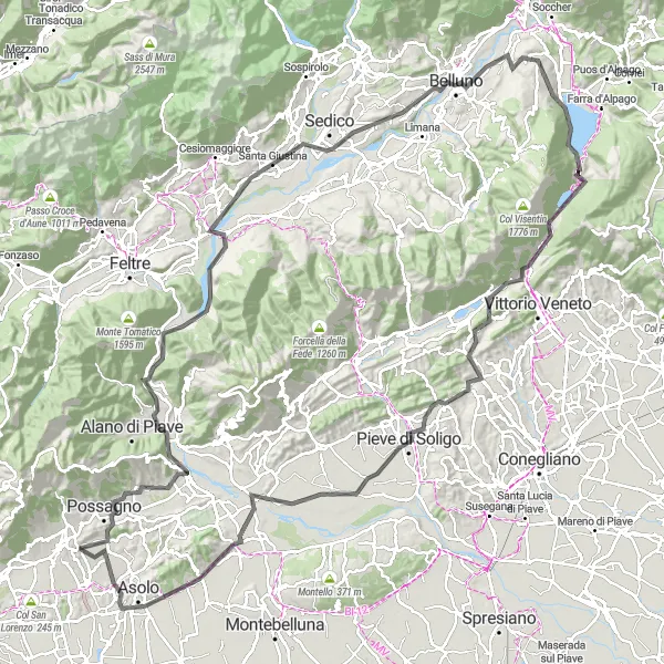 Miniaturní mapa "Epic Road Cycling Route near Paderno del Grappa" inspirace pro cyklisty v oblasti Veneto, Italy. Vytvořeno pomocí plánovače tras Tarmacs.app