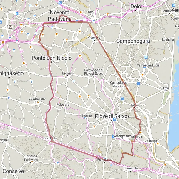 Miniatuurkaart van de fietsinspiratie "Gravelroute van Noventa Padovana naar Ponte San Nicolò" in Veneto, Italy. Gemaakt door de Tarmacs.app fietsrouteplanner