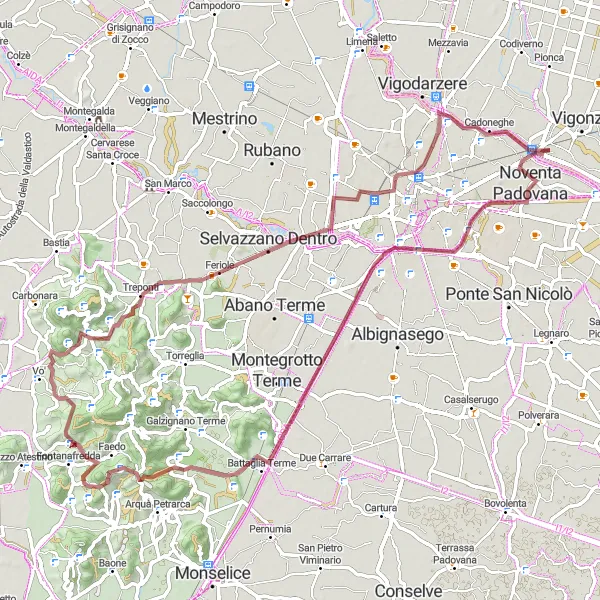 Mapa miniatúra "Gravel okruh cez Monte Lispida" cyklistická inšpirácia v Veneto, Italy. Vygenerované cyklistickým plánovačom trás Tarmacs.app