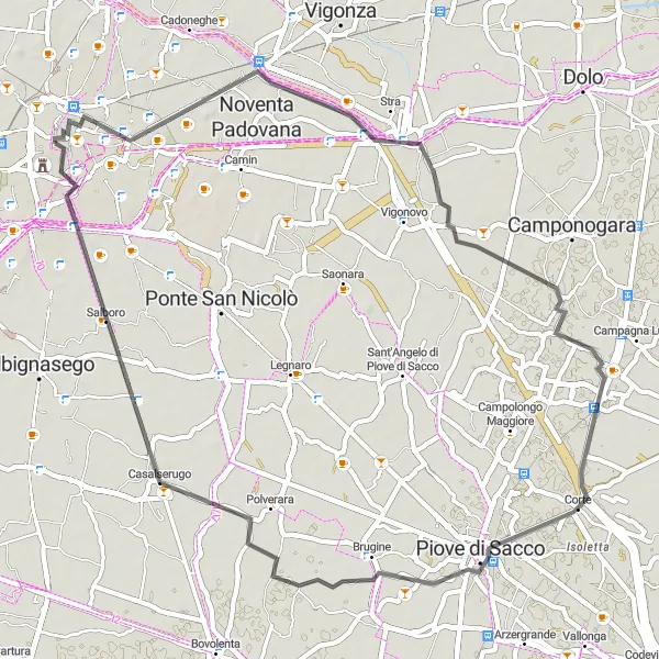 Kartminiatyr av "Kulturarvsløypen rundt Padova" sykkelinspirasjon i Veneto, Italy. Generert av Tarmacs.app sykkelrutoplanlegger