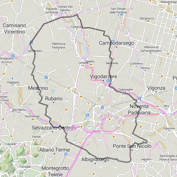 Kartminiatyr av "Landsvägsrunda från Padova till Noventa Padovana" cykelinspiration i Veneto, Italy. Genererad av Tarmacs.app cykelruttplanerare