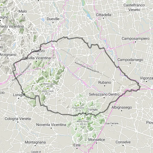 Zemljevid v pomanjšavi "Potovanje okoli Padove in Berici" kolesarske inspiracije v Veneto, Italy. Generirano z načrtovalcem kolesarskih poti Tarmacs.app