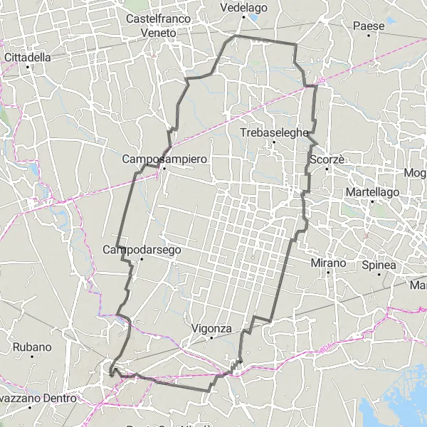 Miniatura della mappa di ispirazione al ciclismo "Giro in Road tra Santa Giustina in Colle e Scalinata di Porta Portello" nella regione di Veneto, Italy. Generata da Tarmacs.app, pianificatore di rotte ciclistiche