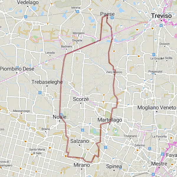 Mapa miniatúra "Gravel cyklistická trasa Prieskumnícka okruh" cyklistická inšpirácia v Veneto, Italy. Vygenerované cyklistickým plánovačom trás Tarmacs.app