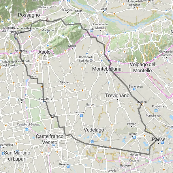 Miniatura della mappa di ispirazione al ciclismo "Scopri i Tesori di Cavasagra e Castelcucco" nella regione di Veneto, Italy. Generata da Tarmacs.app, pianificatore di rotte ciclistiche