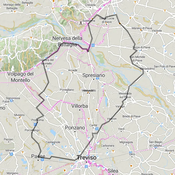 Karttaminiaatyyri "Maaseudun rauhaa ja kauneutta" pyöräilyinspiraatiosta alueella Veneto, Italy. Luotu Tarmacs.app pyöräilyreittisuunnittelijalla