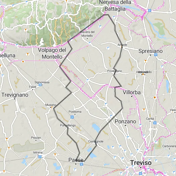 Miniature de la carte de l'inspiration cycliste "Les Collines Verdi de Paese" dans la Veneto, Italy. Générée par le planificateur d'itinéraire cycliste Tarmacs.app
