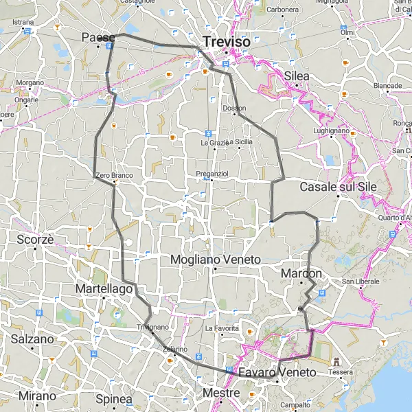 Mapa miniatúra "Cyklistická trasa Treviso a okolie" cyklistická inšpirácia v Veneto, Italy. Vygenerované cyklistickým plánovačom trás Tarmacs.app