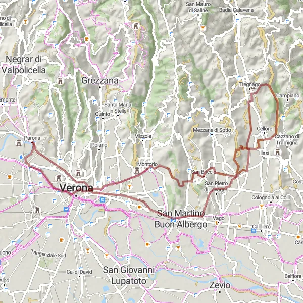 Miniatuurkaart van de fietsinspiratie "Gravelroute door Montorio en San Briccio" in Veneto, Italy. Gemaakt door de Tarmacs.app fietsrouteplanner