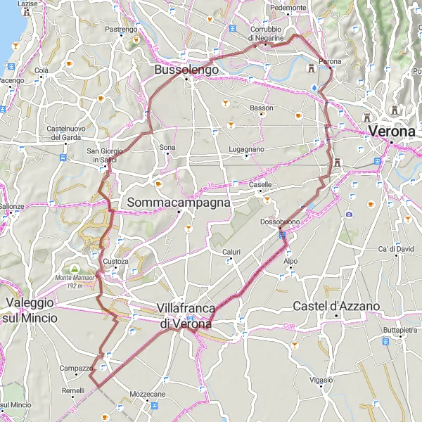 Miniaturní mapa "Gravelová cyklotrasa skrze italskou krajinu" inspirace pro cyklisty v oblasti Veneto, Italy. Vytvořeno pomocí plánovače tras Tarmacs.app