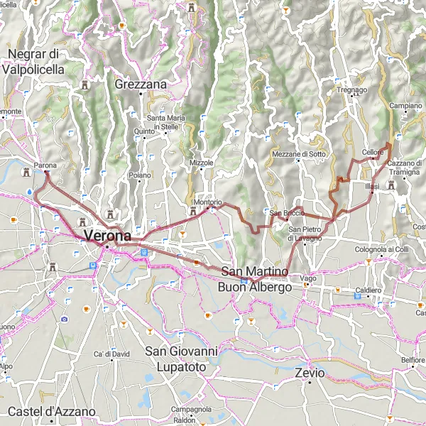 Zemljevid v pomanjšavi "Gorska kolesarska pot do Castel San Pietro" kolesarske inspiracije v Veneto, Italy. Generirano z načrtovalcem kolesarskih poti Tarmacs.app