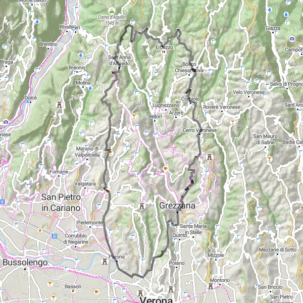 Kartminiatyr av "Eventyrlig sykkeltur nær Parona" sykkelinspirasjon i Veneto, Italy. Generert av Tarmacs.app sykkelrutoplanlegger
