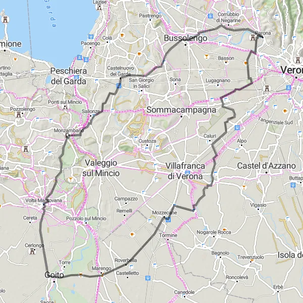 Miniaturní mapa "Cyklistická trasa ve venkovském stylu z Parona" inspirace pro cyklisty v oblasti Veneto, Italy. Vytvořeno pomocí plánovače tras Tarmacs.app