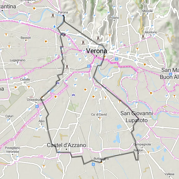 Miniatura della mappa di ispirazione al ciclismo "Il Giro delle Antiche Rovine" nella regione di Veneto, Italy. Generata da Tarmacs.app, pianificatore di rotte ciclistiche