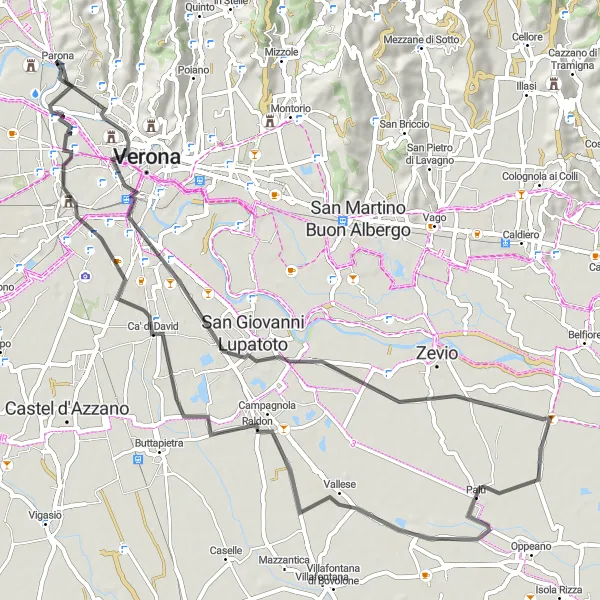 Miniaturní mapa "Památková cyklistická trasa Parona - Santa Cristina" inspirace pro cyklisty v oblasti Veneto, Italy. Vytvořeno pomocí plánovače tras Tarmacs.app