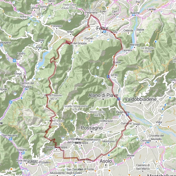 Miniatura della mappa di ispirazione al ciclismo "Avventura ciclistica tra Feltre e Monte Grappa" nella regione di Veneto, Italy. Generata da Tarmacs.app, pianificatore di rotte ciclistiche