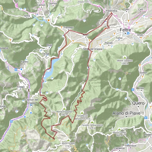 Map miniature of "Gravel cycling adventure through Pedavena and Fonzaso" cycling inspiration in Veneto, Italy. Generated by Tarmacs.app cycling route planner