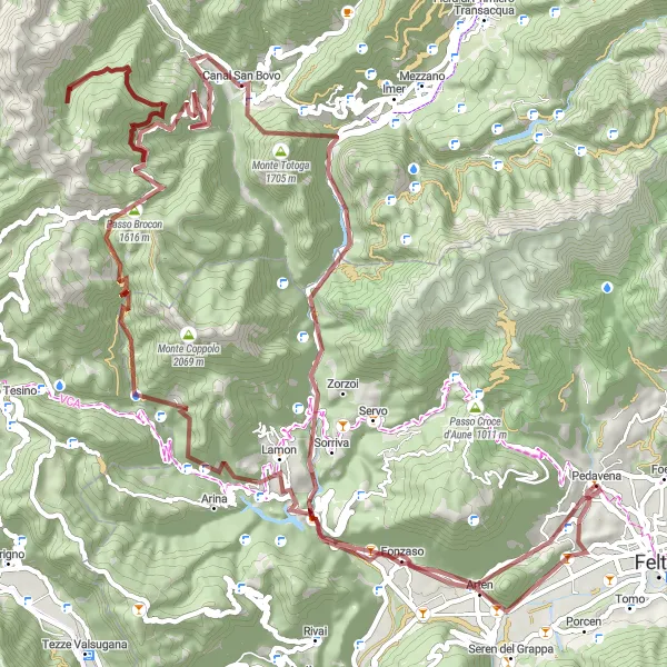 Karttaminiaatyyri "Vuoristopolkujen seikkailu" pyöräilyinspiraatiosta alueella Veneto, Italy. Luotu Tarmacs.app pyöräilyreittisuunnittelijalla