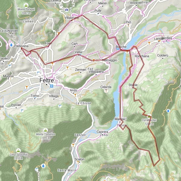 Zemljevid v pomanjšavi "Kolesarjenje čez Col Moscher" kolesarske inspiracije v Veneto, Italy. Generirano z načrtovalcem kolesarskih poti Tarmacs.app
