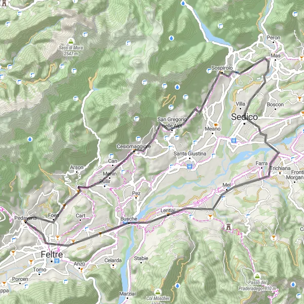Map miniature of "Road cycling route from Pedavena to Sospirolo" cycling inspiration in Veneto, Italy. Generated by Tarmacs.app cycling route planner