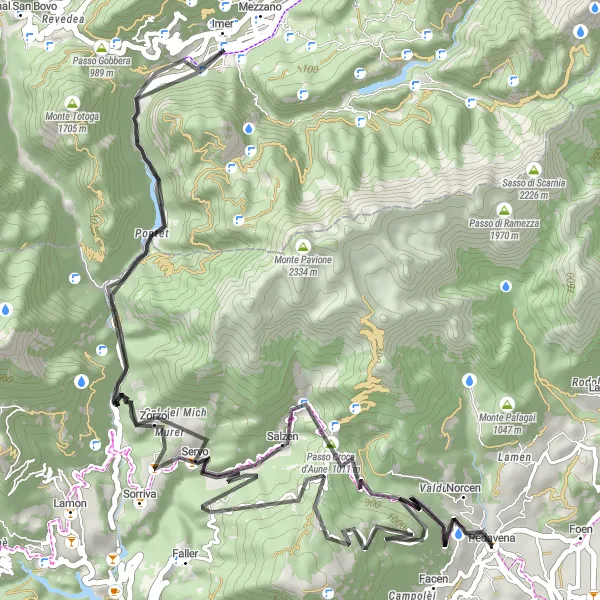 Map miniature of "Scenic Road Loop from Pedavena" cycling inspiration in Veneto, Italy. Generated by Tarmacs.app cycling route planner
