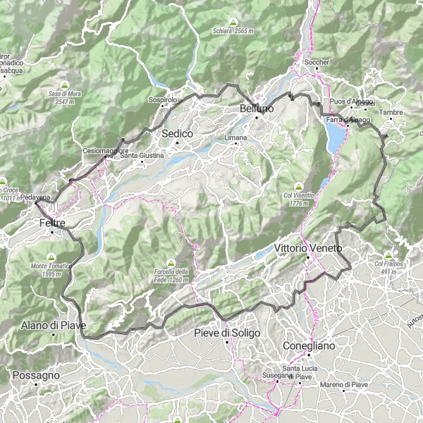 Map miniature of "Road cycling adventure to Bolzano Bellunese and Feltre" cycling inspiration in Veneto, Italy. Generated by Tarmacs.app cycling route planner