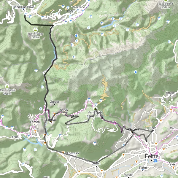 Map miniature of "Challenging road cycling route to Sorriva and Passo Croce d'Aune" cycling inspiration in Veneto, Italy. Generated by Tarmacs.app cycling route planner