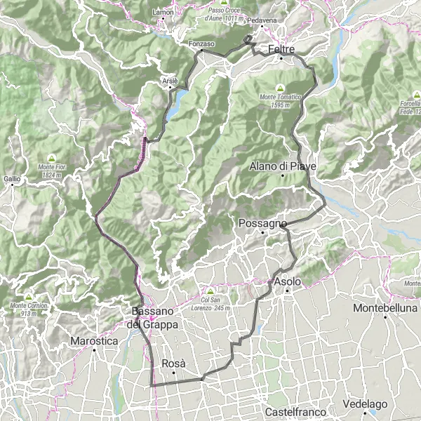 Miniatua del mapa de inspiración ciclista "Ruta de Pedavena a través de La Rocchetta y Monte Aurin" en Veneto, Italy. Generado por Tarmacs.app planificador de rutas ciclistas