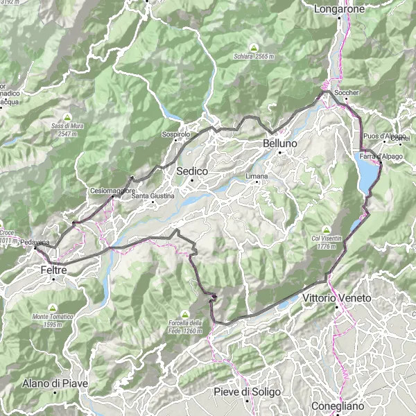 Zemljevid v pomanjšavi "Razgibana cestna pot do Feltreja" kolesarske inspiracije v Veneto, Italy. Generirano z načrtovalcem kolesarskih poti Tarmacs.app