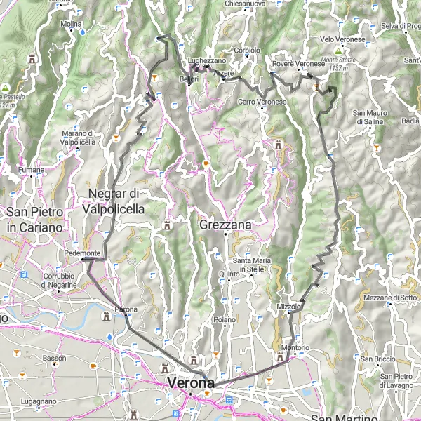 Miniatura della mappa di ispirazione al ciclismo "Esplorando San Vito e Parona" nella regione di Veneto, Italy. Generata da Tarmacs.app, pianificatore di rotte ciclistiche