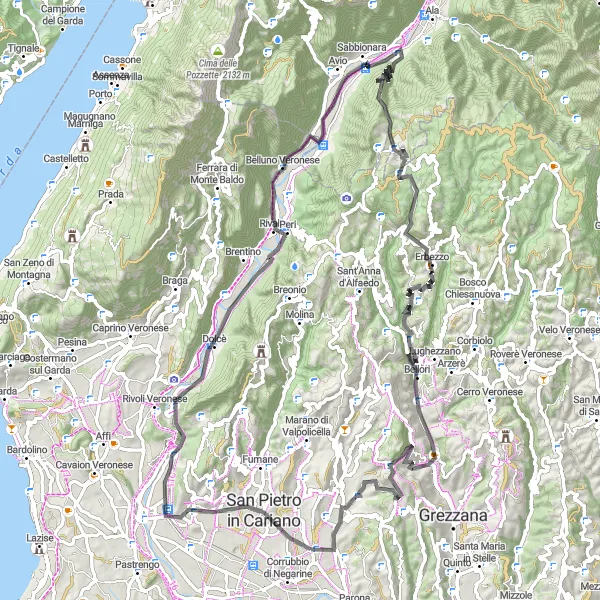 Mapa miniatúra "Okruh na kole cez Veronské vinice" cyklistická inšpirácia v Veneto, Italy. Vygenerované cyklistickým plánovačom trás Tarmacs.app