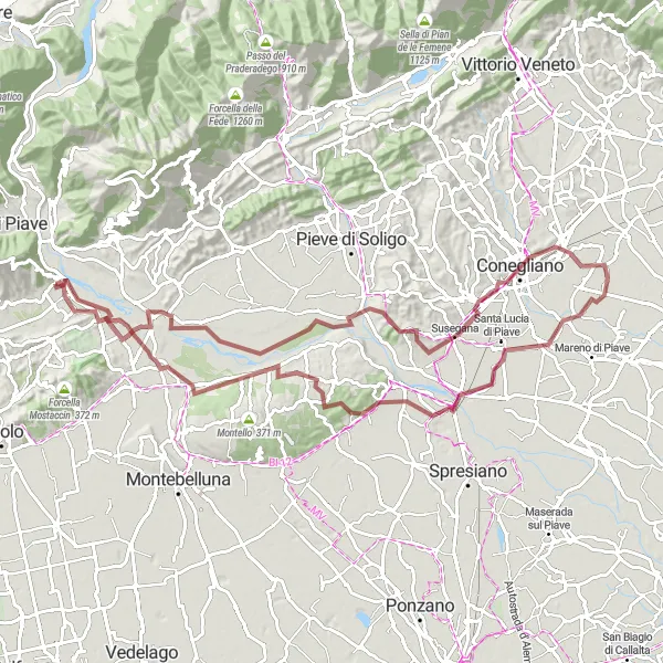 Kartminiatyr av "Crocetta del Montello til Passo della Calchera via Conegliano" sykkelinspirasjon i Veneto, Italy. Generert av Tarmacs.app sykkelrutoplanlegger