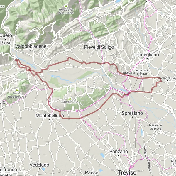 Kartminiatyr av "Vidor till Giavera del Montello Gravel Cykeläventyr" cykelinspiration i Veneto, Italy. Genererad av Tarmacs.app cykelruttplanerare