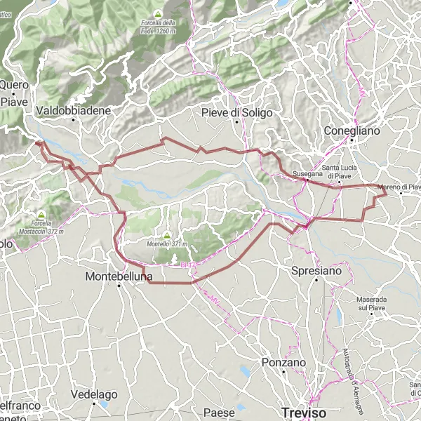 Miniatura della mappa di ispirazione al ciclismo "Giro in bici su sterrato da Pederobba al Passo della Calchera" nella regione di Veneto, Italy. Generata da Tarmacs.app, pianificatore di rotte ciclistiche