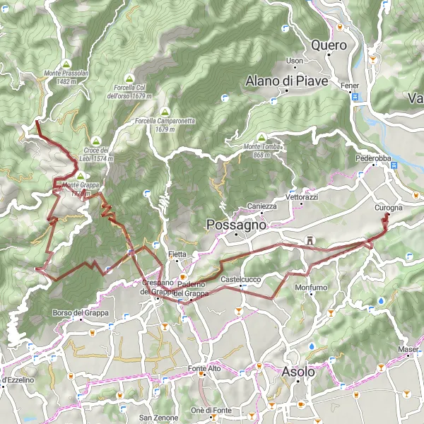 Zemljevid v pomanjšavi "Gravelna avantura čez Monte Grappa" kolesarske inspiracije v Veneto, Italy. Generirano z načrtovalcem kolesarskih poti Tarmacs.app