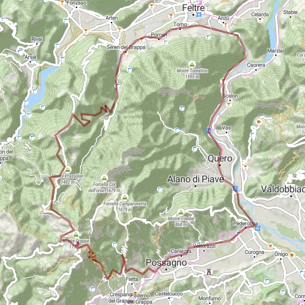Zemljevid v pomanjšavi "Gravel Pot do Monte Grappe" kolesarske inspiracije v Veneto, Italy. Generirano z načrtovalcem kolesarskih poti Tarmacs.app