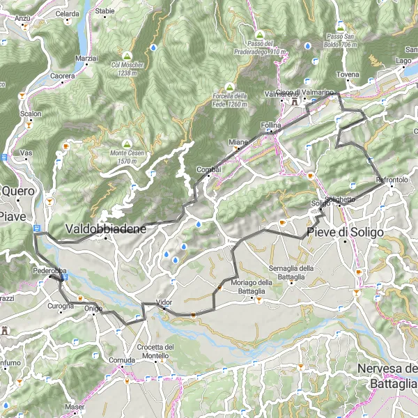 Miniature de la carte de l'inspiration cycliste "Parcours sur route avec Monte la Castella et Follina" dans la Veneto, Italy. Générée par le planificateur d'itinéraire cycliste Tarmacs.app